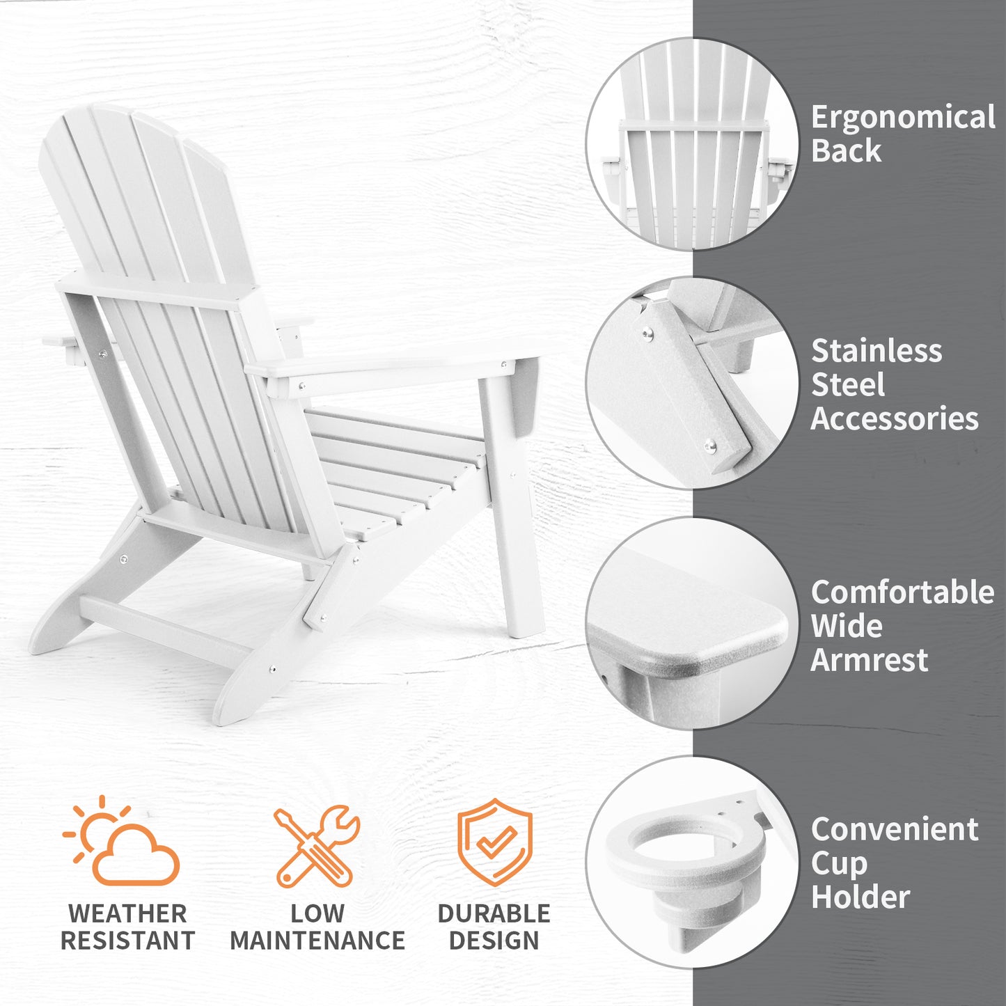 Folding Adirondack Chair, Fire Pit Chairs All Weather with Cup Holder, White