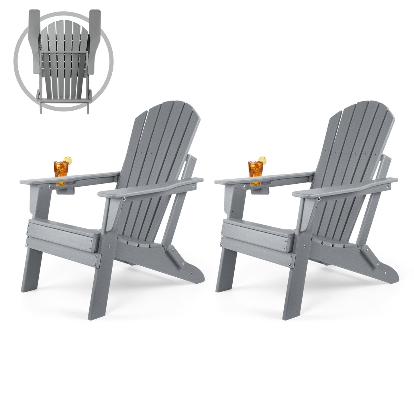 FUNBERRY Folding Adirondack Chair, Fire Pit Chairs Weather Resistant with Cup Holder, Grey