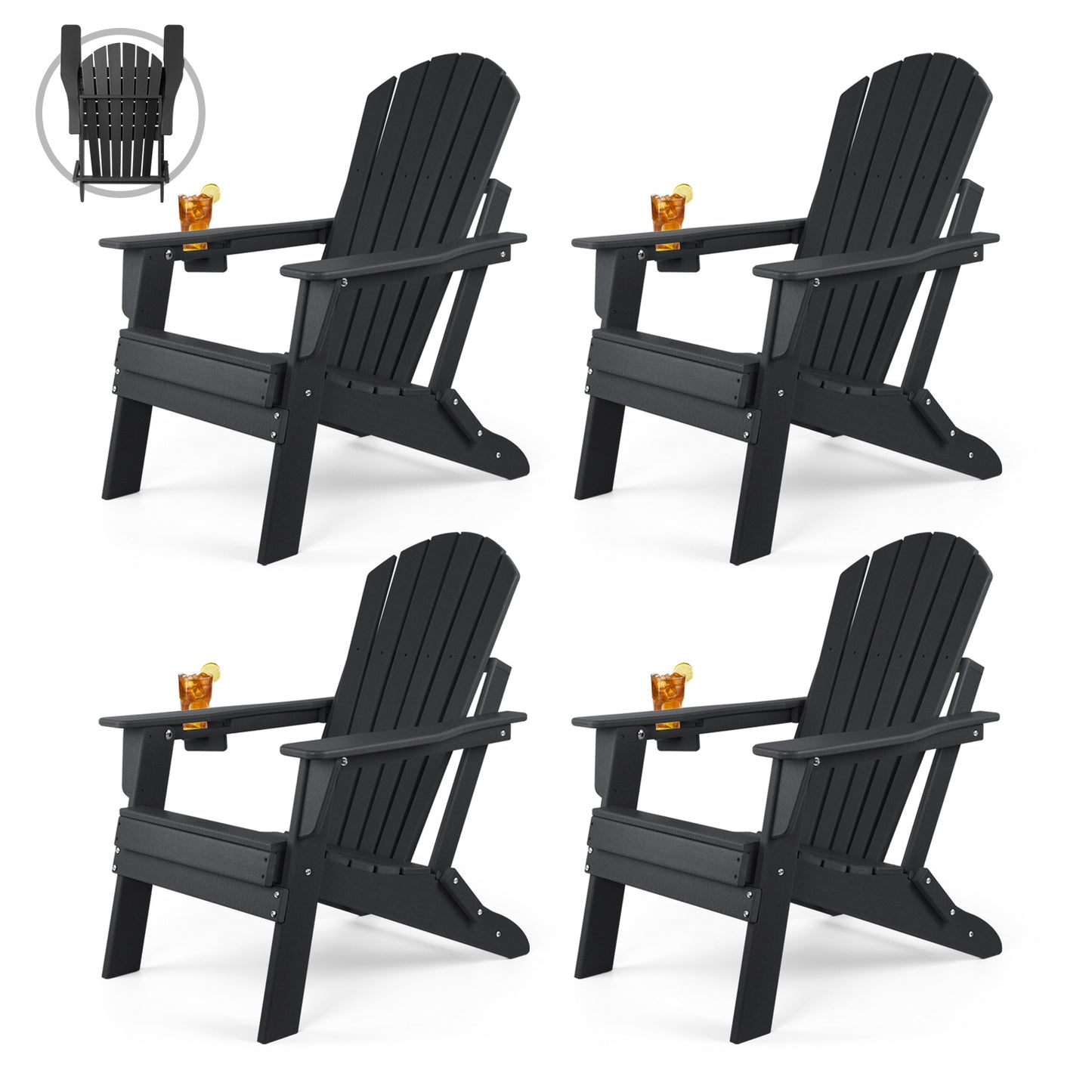 FUNBERRY Folding Adirondack Chair, Fire Pit Chairs Weather Resistant with Cup Holder, Black