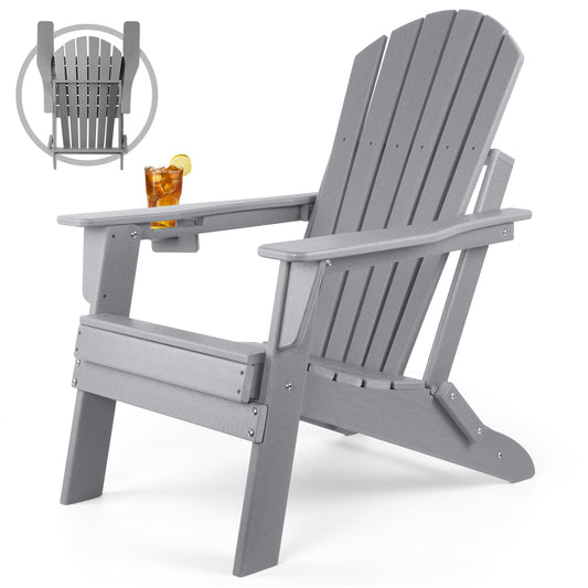 FUNBERRY Folding Adirondack Chair, Fire Pit Chairs Weather Resistant with Cup Holder, Grey