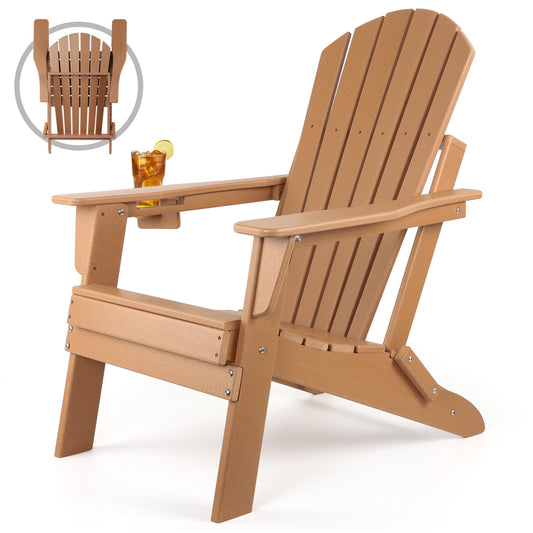 FUNBERRY Folding Adirondack Chair, Fire Pit Chairs Weather Resistant with Cup Holder, Brown