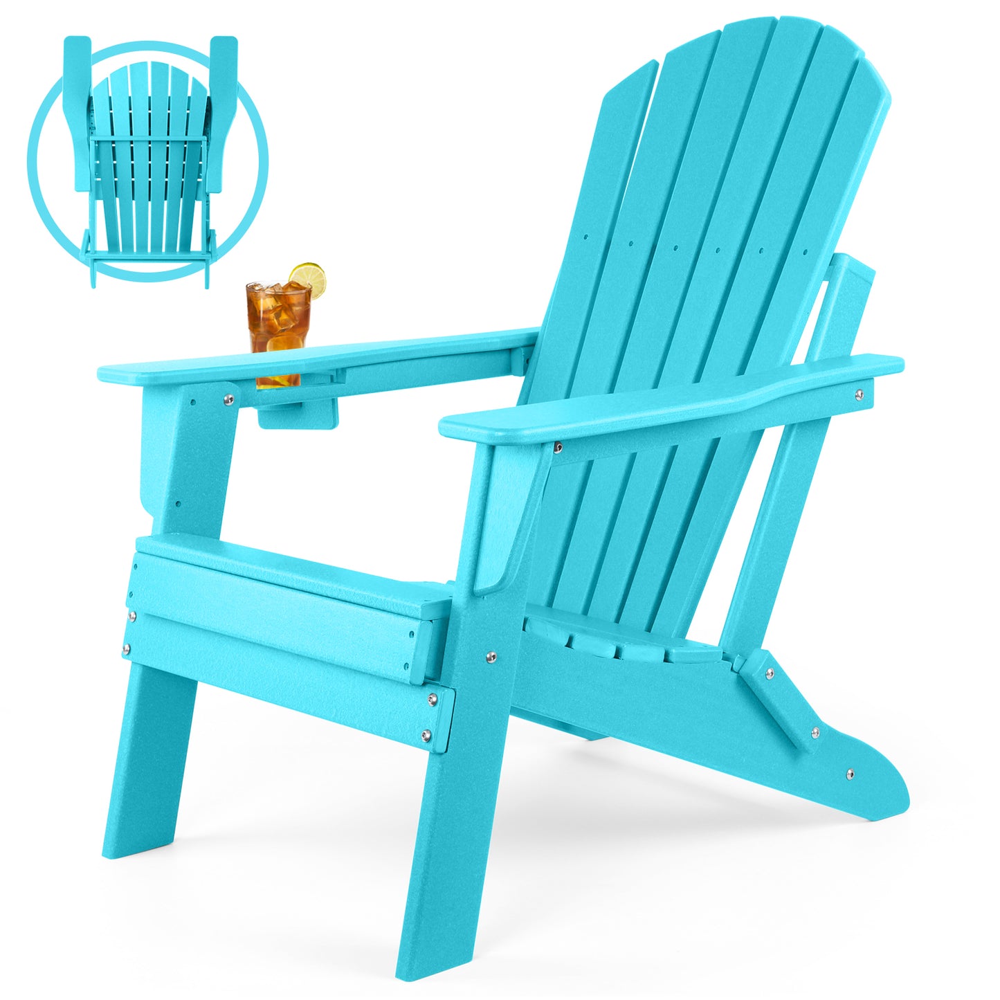 Folding Adirondack Chair, Fire Pit Chairs All Weather with Cup Holder, Aruba Blue