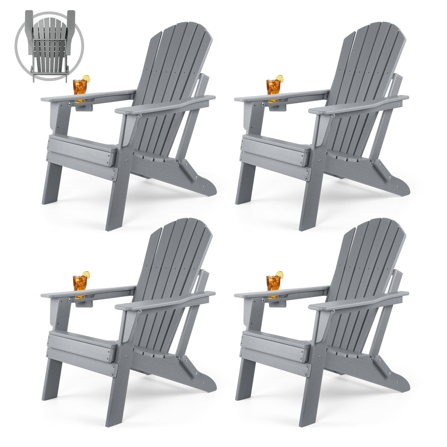 FUNBERRY Folding Adirondack Chair, Fire Pit Chairs Weather Resistant with Cup Holder, Grey