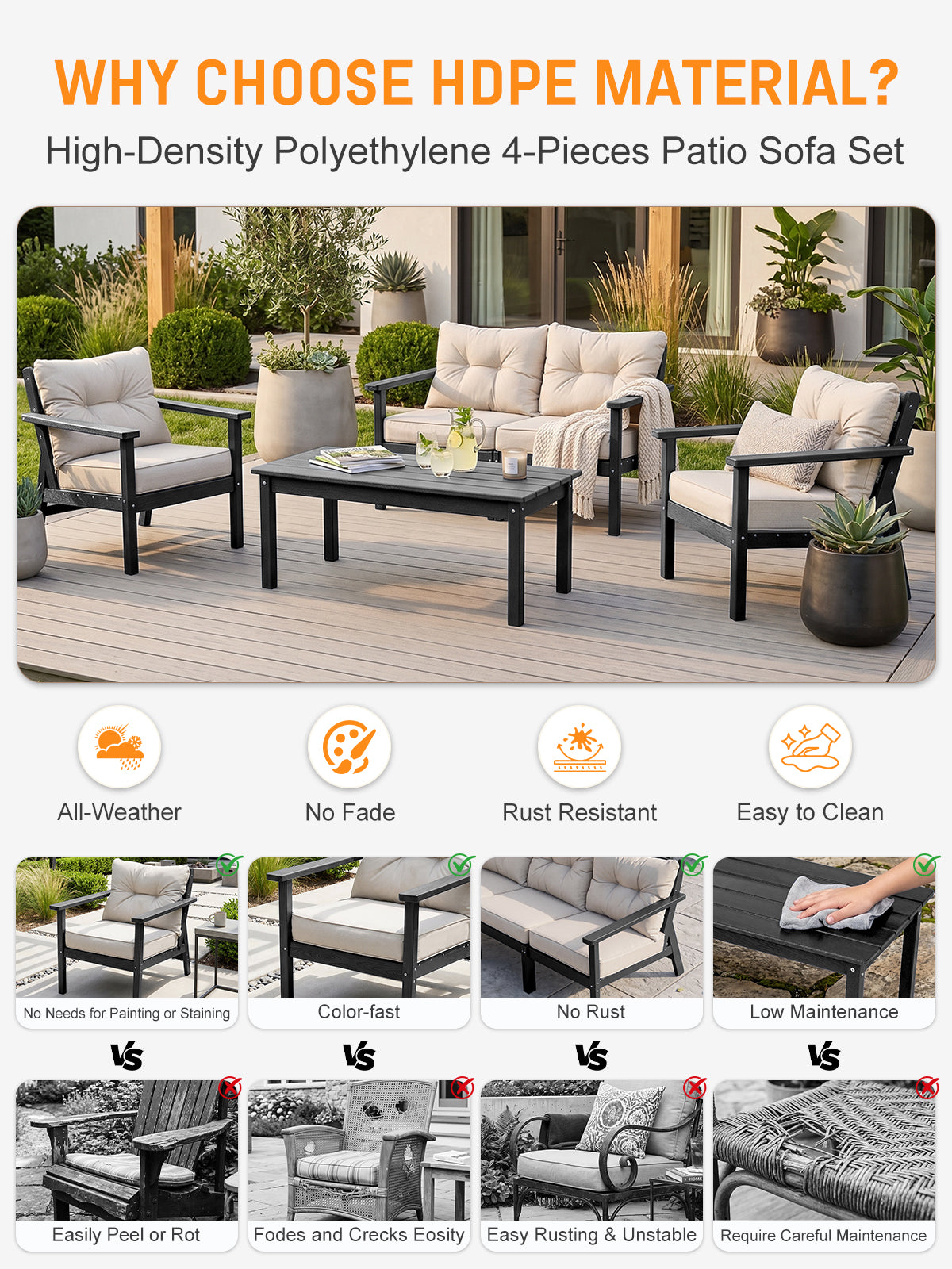 HDPE Patio Conversation Set 7 Seats, Outdoor Furniture Set, Patio Sofa Set