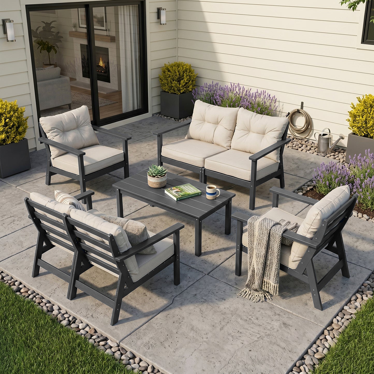HDPE Patio Conversation Set 6 Seats, Outdoor Furniture Set, Patio Sofa Set