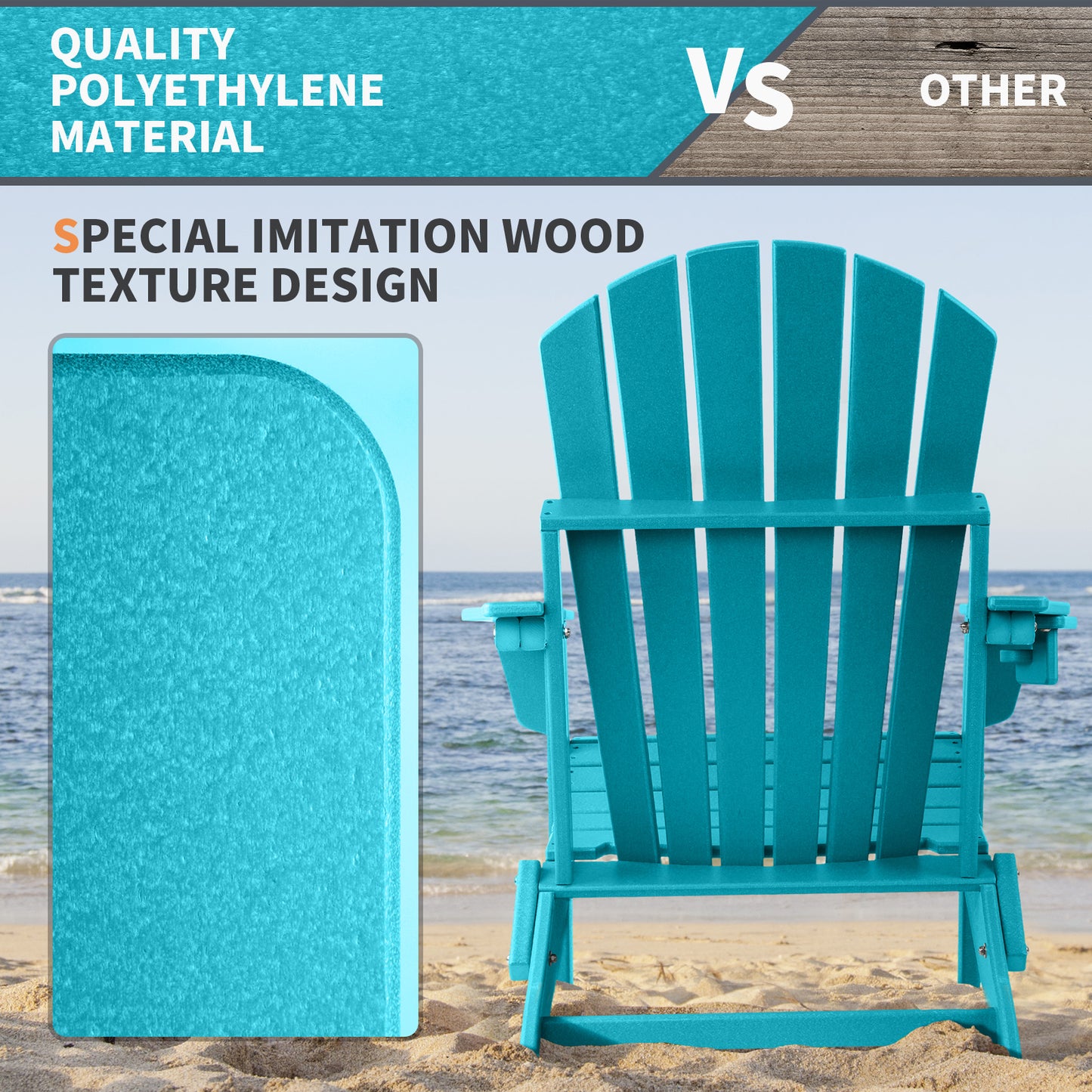 Folding Adirondack Chair, Fire Pit Chairs All Weather with Cup Holder, Aruba Blue