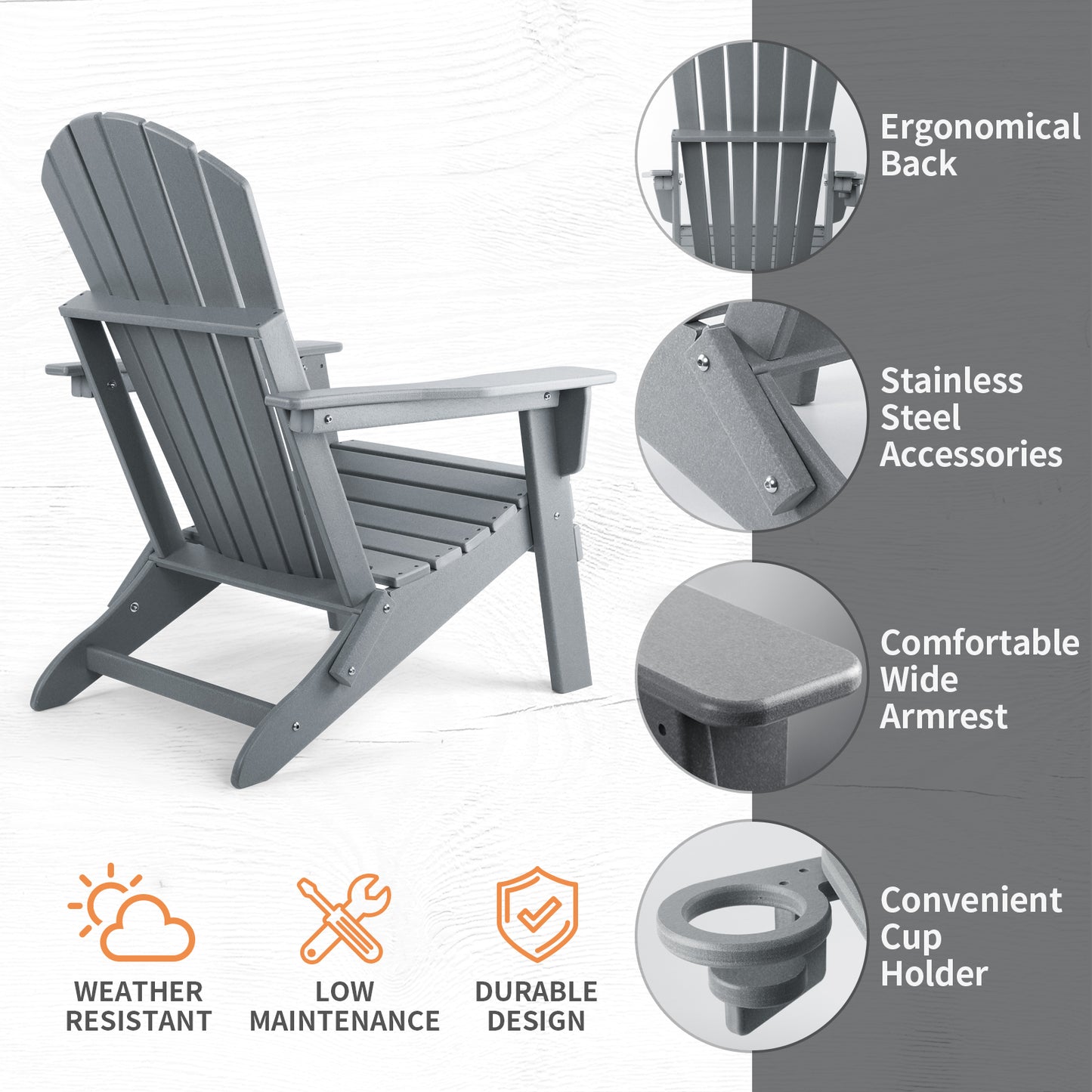 FUNBERRY Folding Adirondack Chair, Fire Pit Chairs Weather Resistant with Cup Holder, Grey