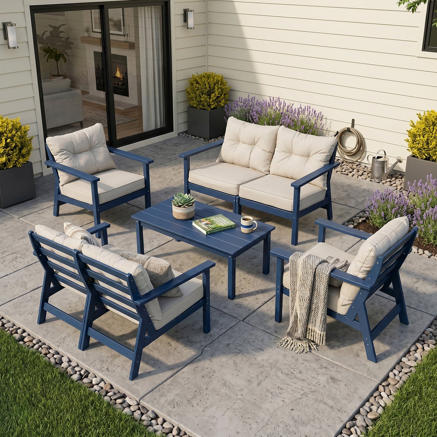 HDPE Patio Conversation Set 6 Seats, Outdoor Furniture Set, Patio Sofa Set