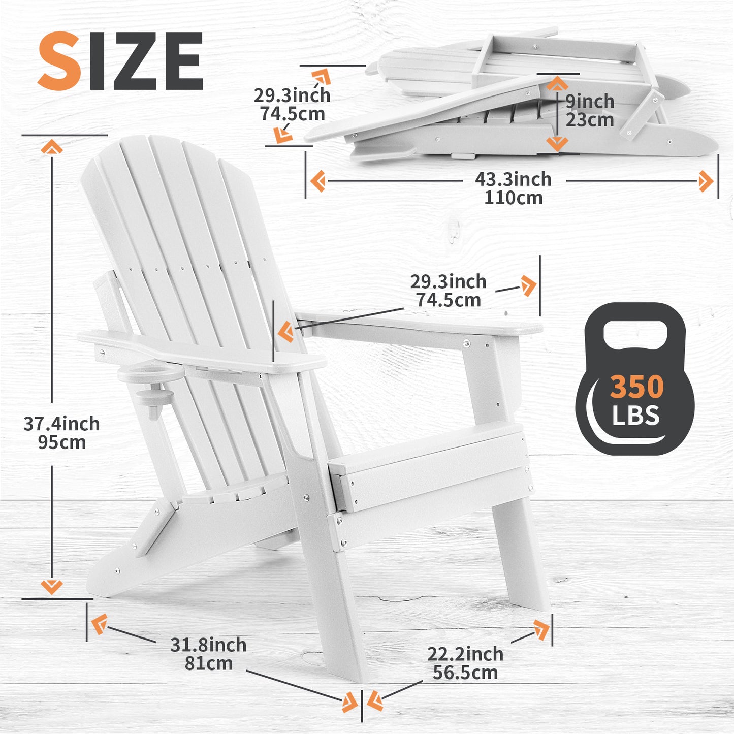 Folding Adirondack Chair, Fire Pit Chairs All Weather with Cup Holder, White