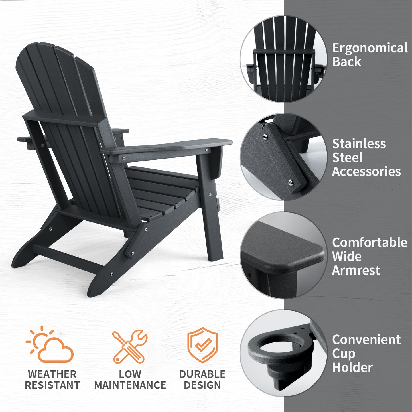 FUNBERRY Folding Adirondack Chair, Fire Pit Chairs Weather Resistant with Cup Holder, Black