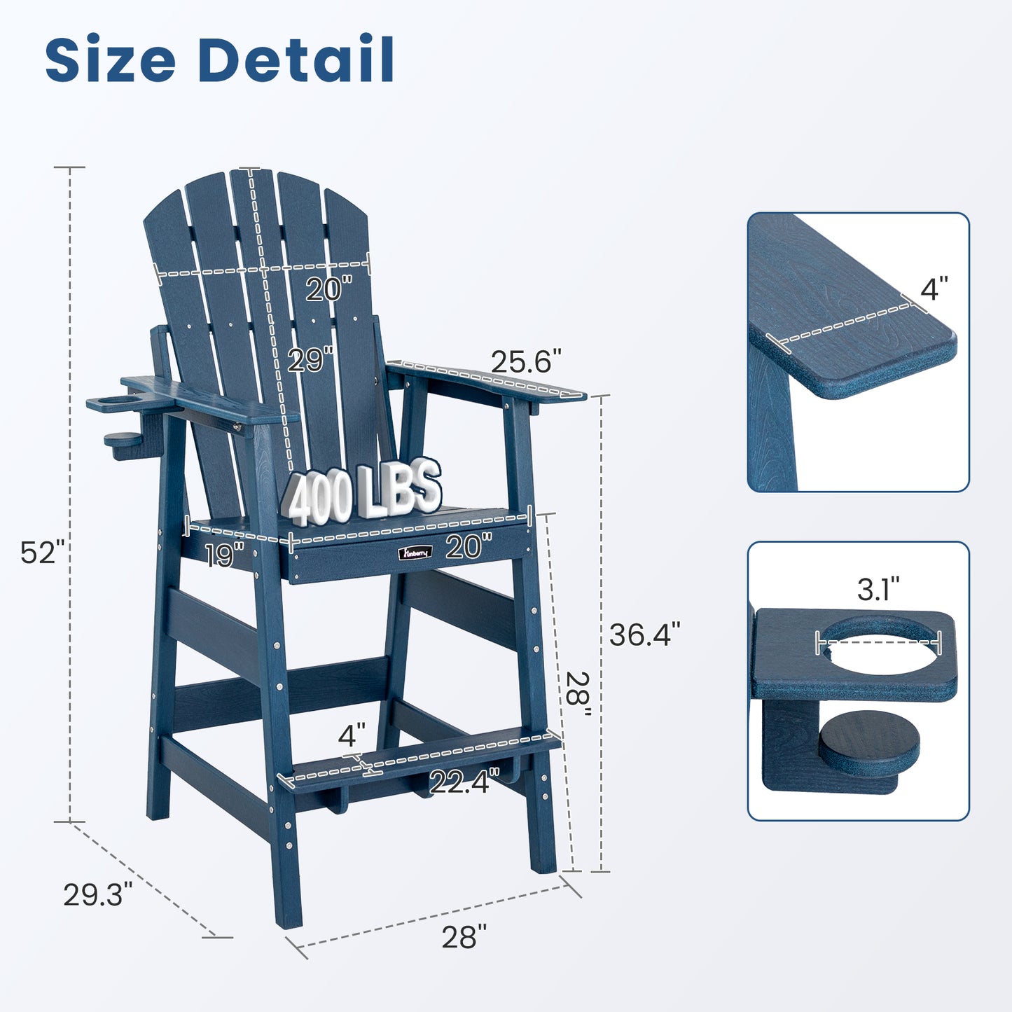 FUNBERRY Tall Adirondack Chair, HDPE All-Weather High Top Balcony Chair with Cupholder