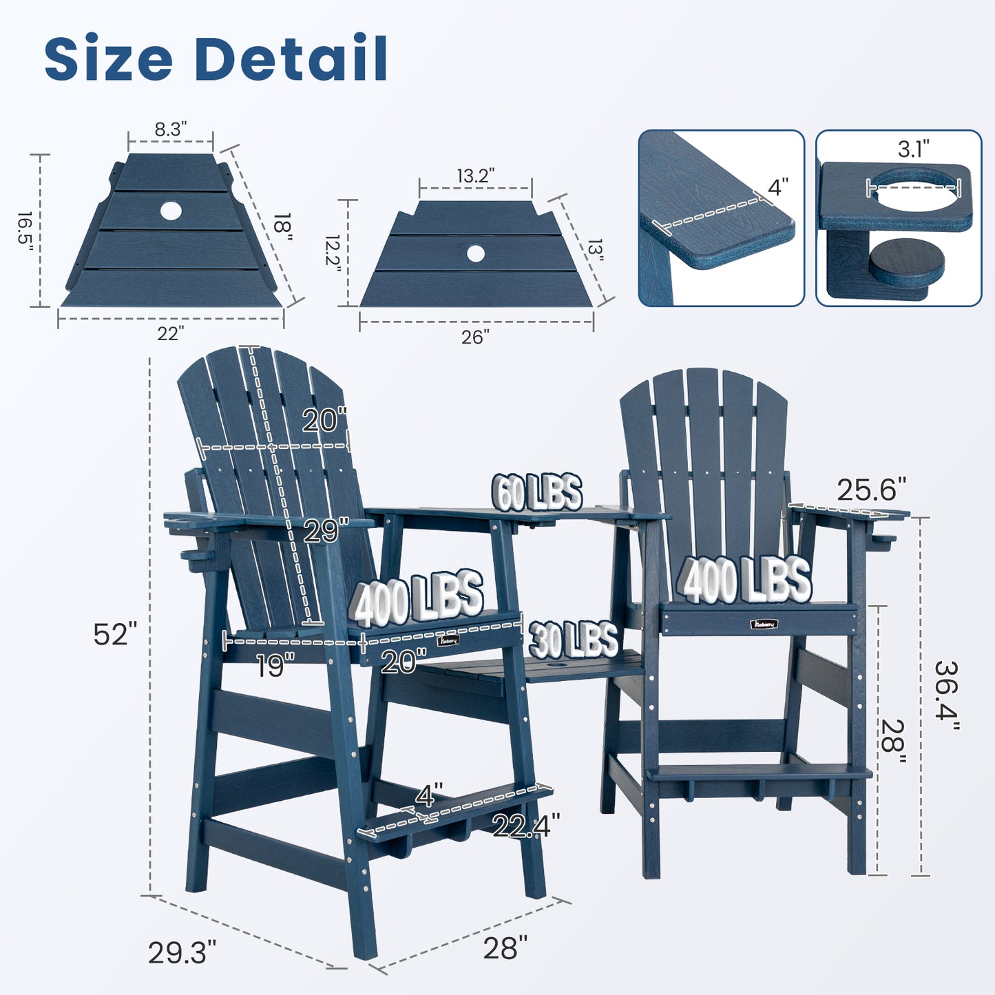 FUNBERRY Tall Adirondack Chairs Set of 2 with Table, HDPE All Weather High Top Balcony Chair