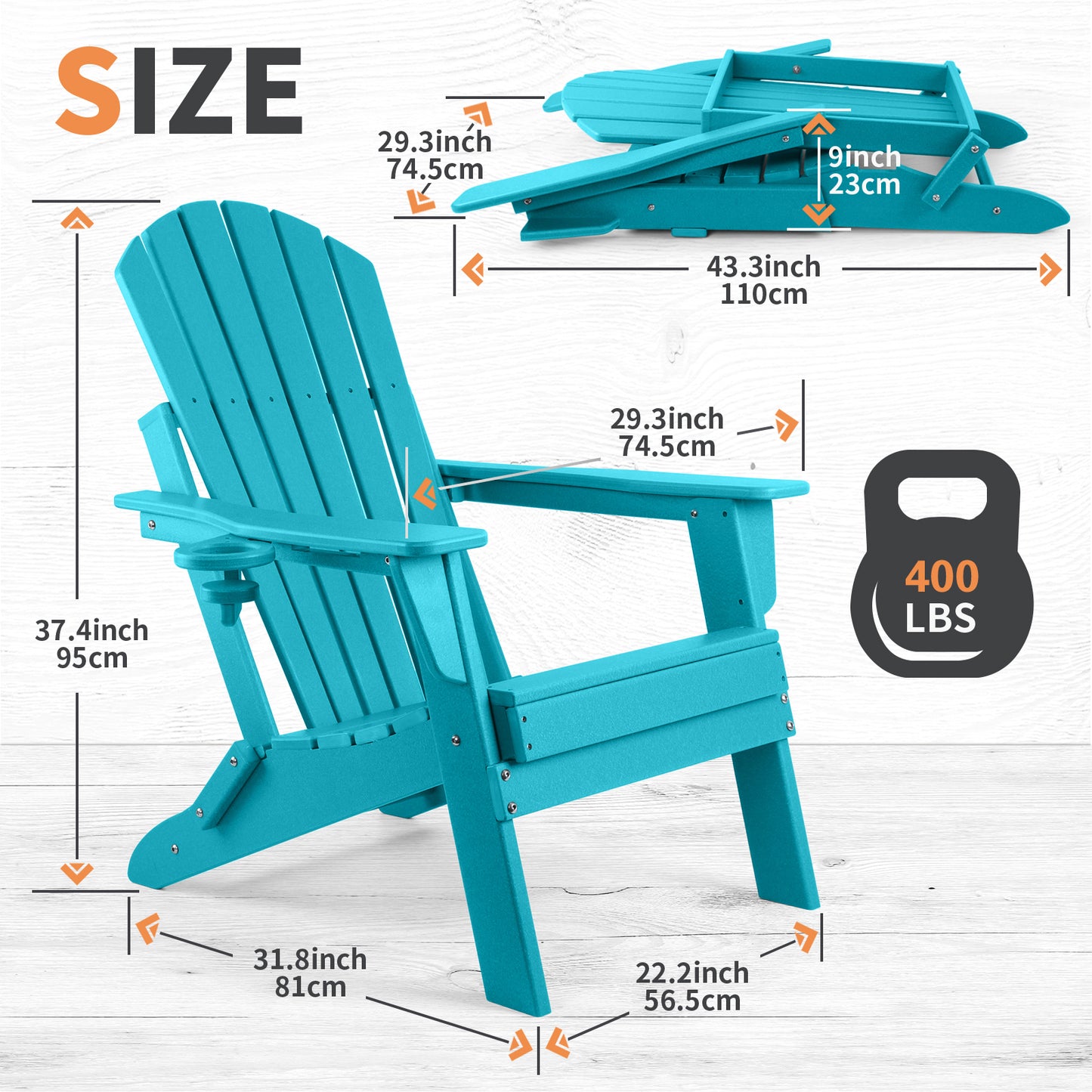 Folding Adirondack Chair, Fire Pit Chairs All Weather with Cup Holder, Aruba Blue