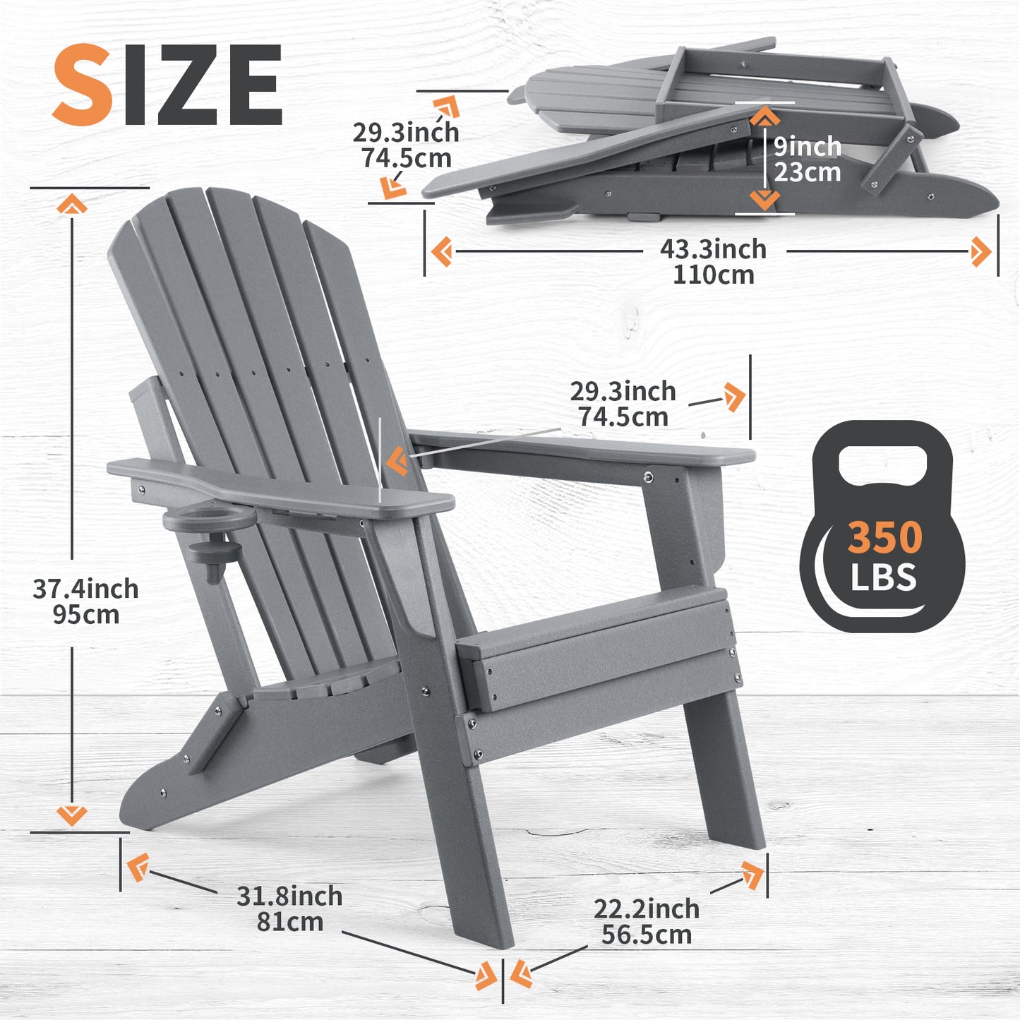 FUNBERRY Folding Adirondack Chair, Fire Pit Chairs Weather Resistant with Cup Holder, Grey