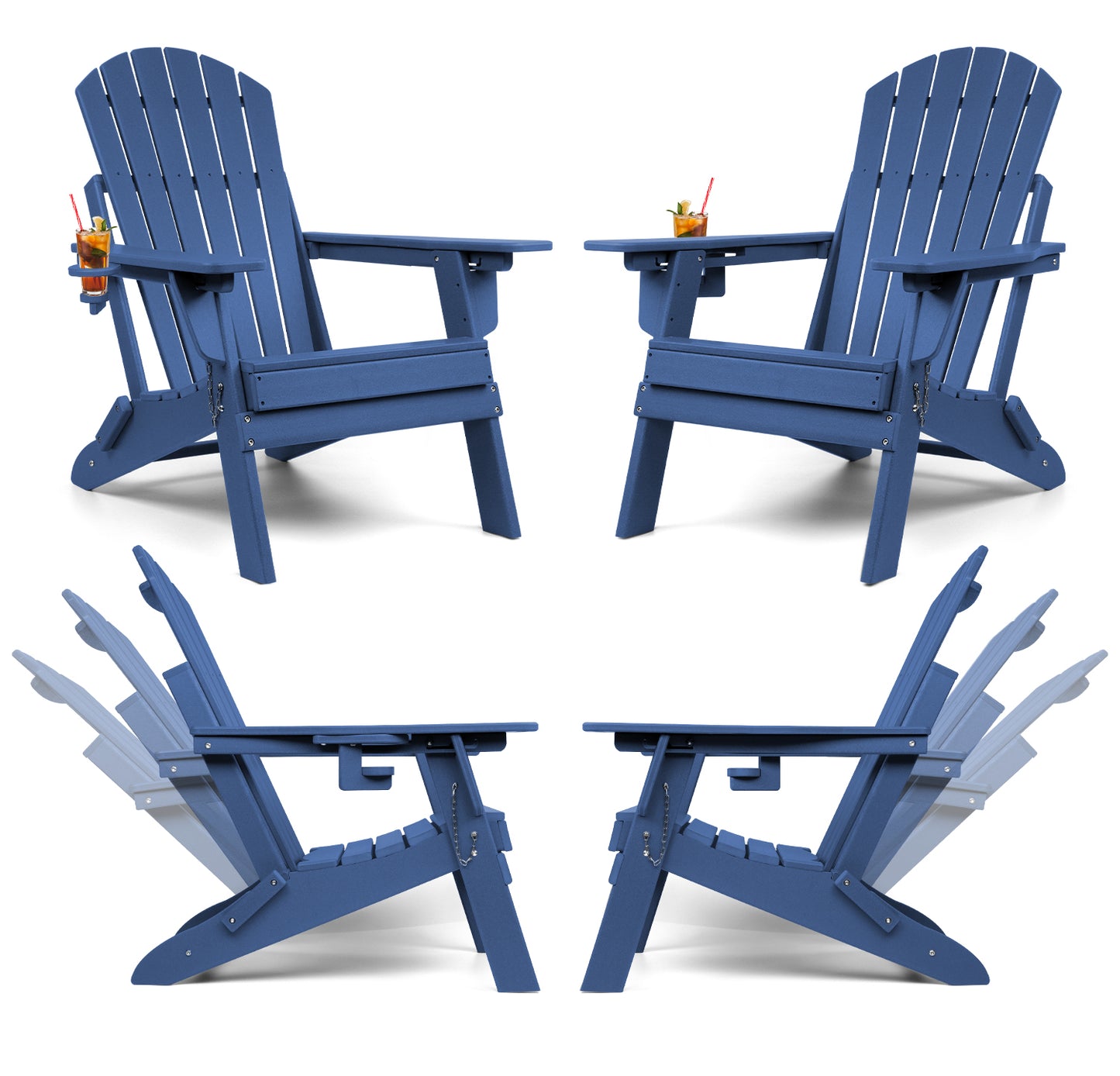 Folding Adirondack Chairs 4 Pack with Adjustable Backrest, Fire Pit Chairs with Cup Holder