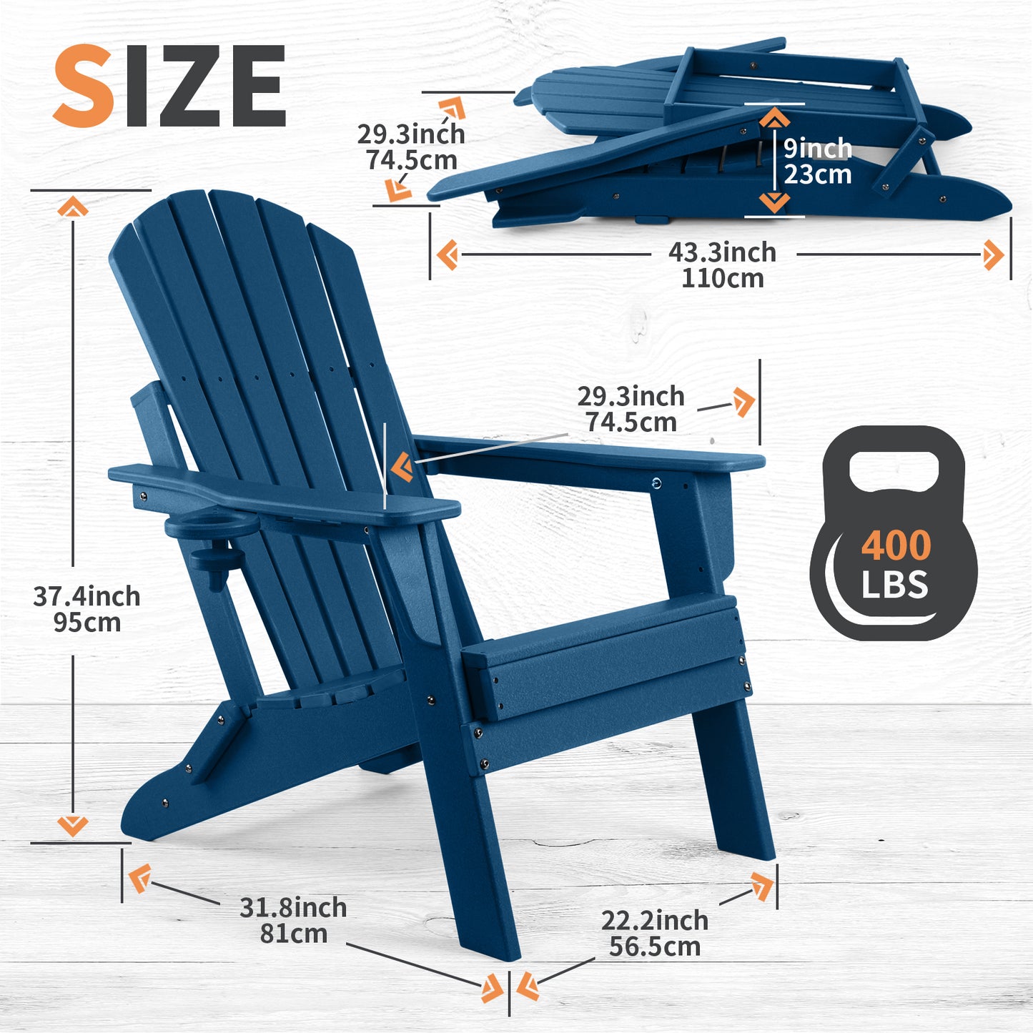 FUNBERRY Folding Adirondack Chair, Fire Pit Chairs Weather Resistant with Cup Holder, Navy Blue