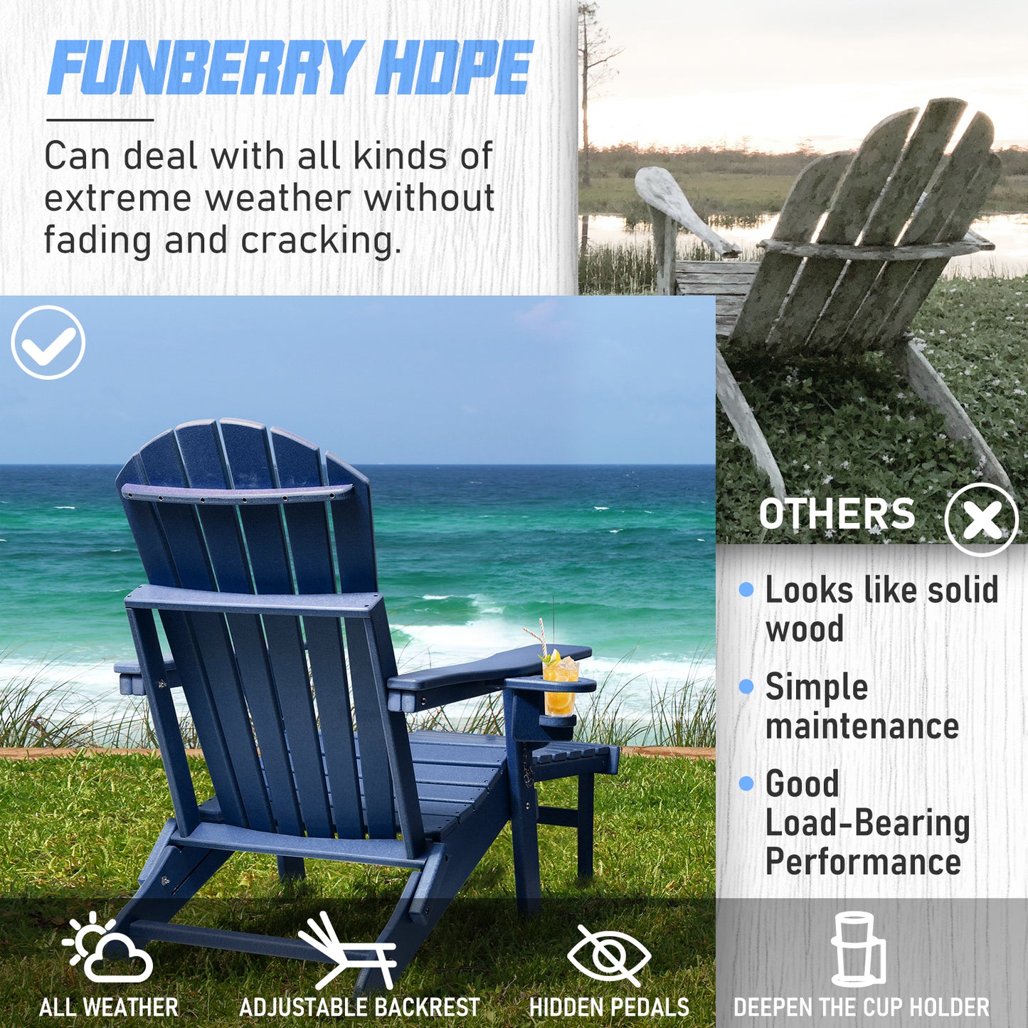 Adjustable Folding Adirondack Chairs Set of 4 with Ottoman, All Weather Fire Pit Chairs