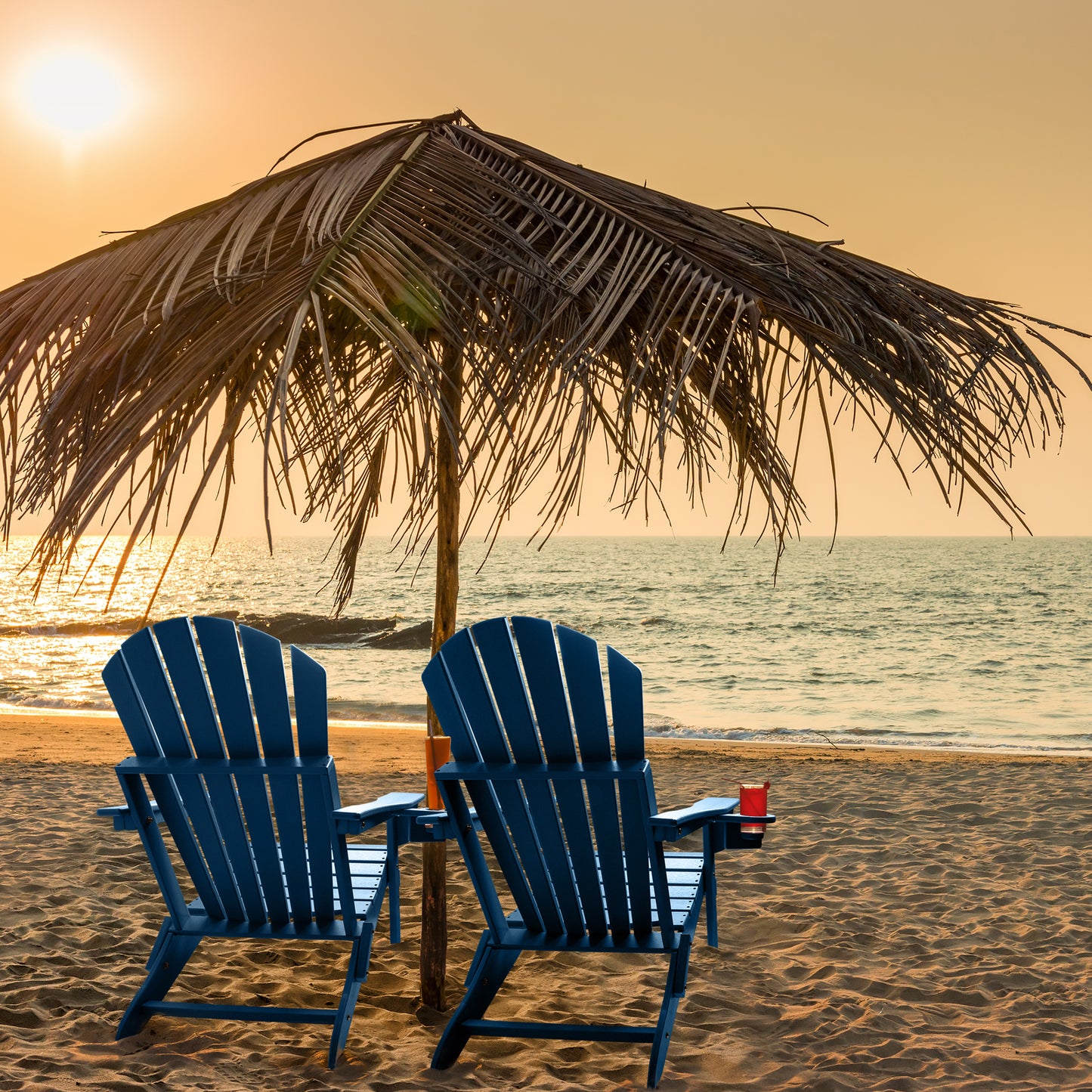 FUNBERRY Folding Adirondack Chair, Fire Pit Chairs Weather Resistant with Cup Holder, Navy Blue