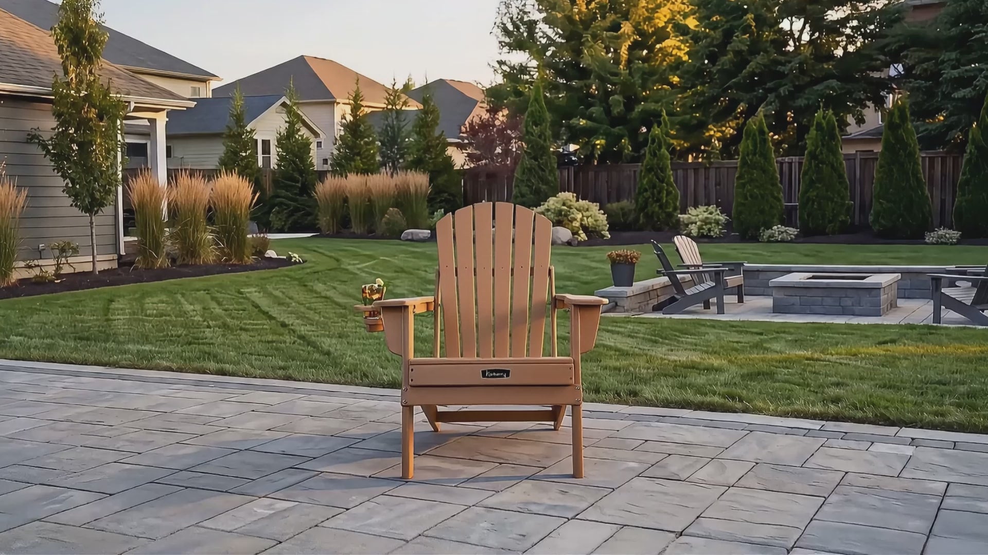 Load video: FUNBERRY Folding Adirondack Chair, All Weather HDPE Fire Pit Chairs with Cup Holder for Outdoor